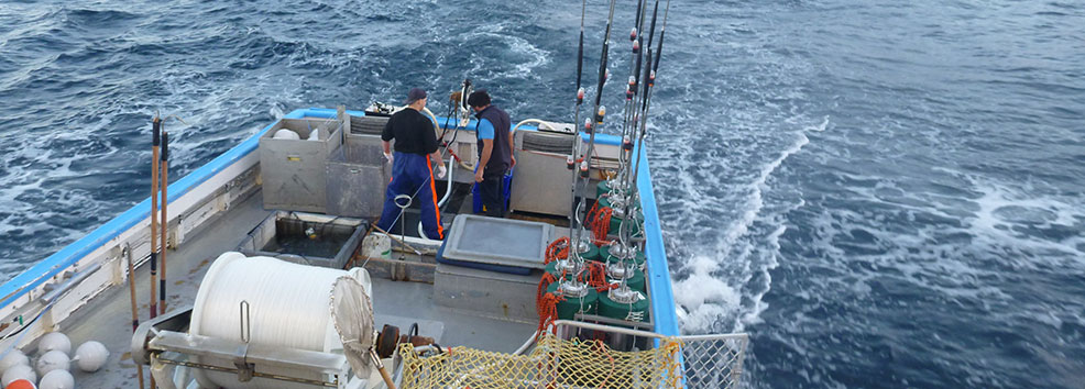 Two men on a longline fishing boat