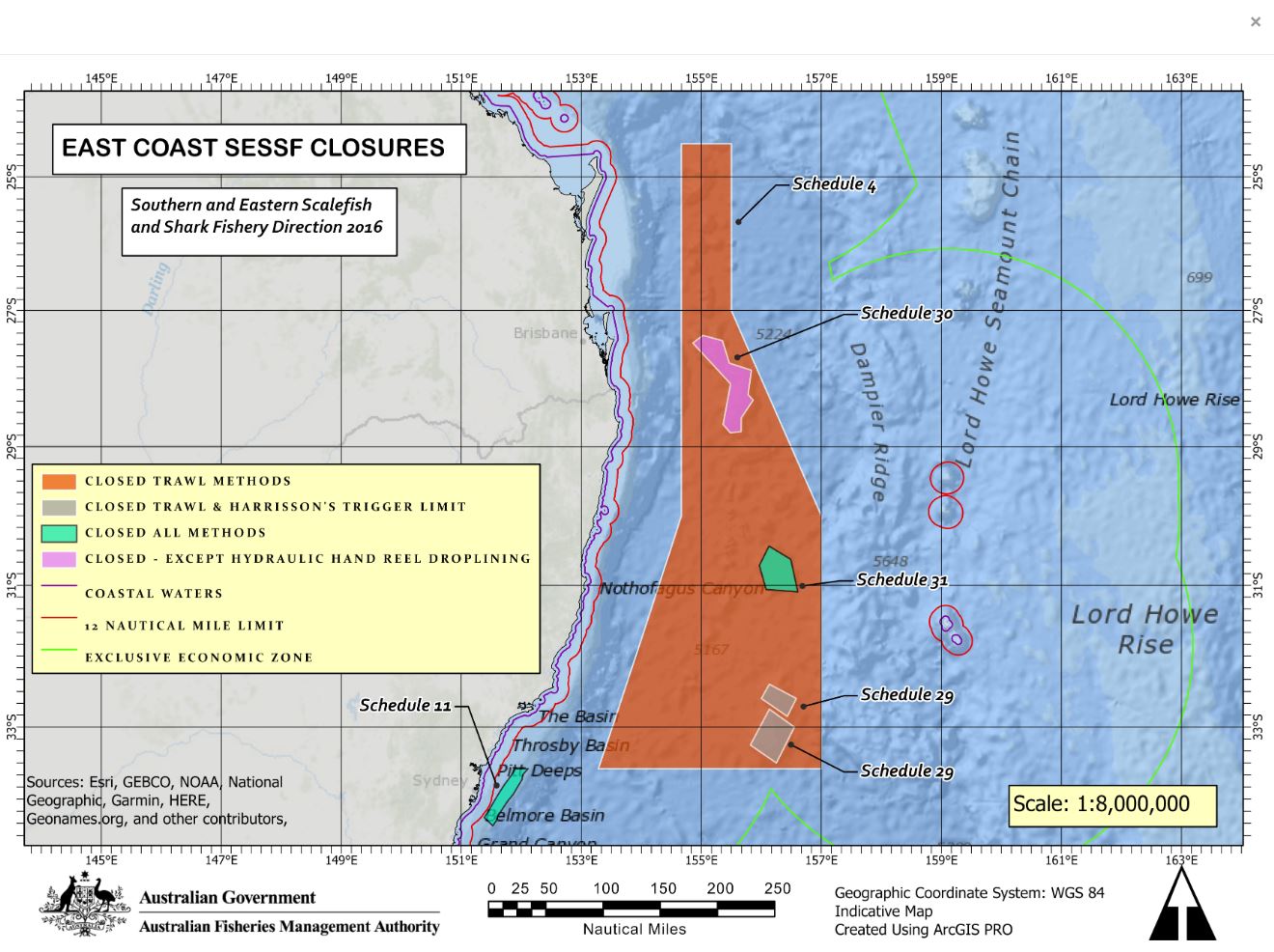 East coast Southern and Eastern Scalefish and Shark Fishery map closures