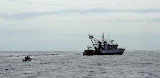 Small and large boat shown at sea from a distance