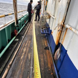 Officers use a tape measure on the deck of a boat